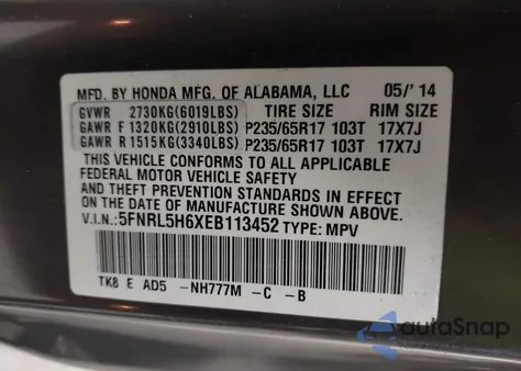 2014 Honda Odyssey Exl from USA, damaged, VIN 5FNRL5H6XEB113452